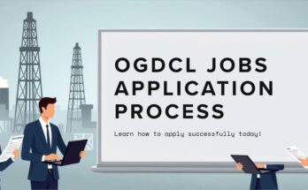 OGDCL jobs application process step-by-step guide with OGDCL logo, oil refinery, and Pakistani professionals applying online
