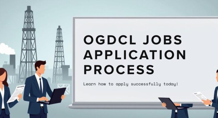 OGDCL jobs application process step-by-step guide with OGDCL logo, oil refinery, and Pakistani professionals applying online