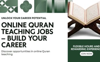 Online Quran teaching jobs 2025 – Virtual Quran tutor teaching students through laptop and headphones.
