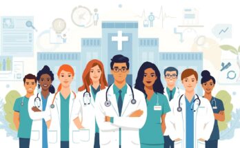 Healthcare professionals including doctors, nurses, pharmacists, and technicians standing together in front of a hospital representing Health & Population Jobs.