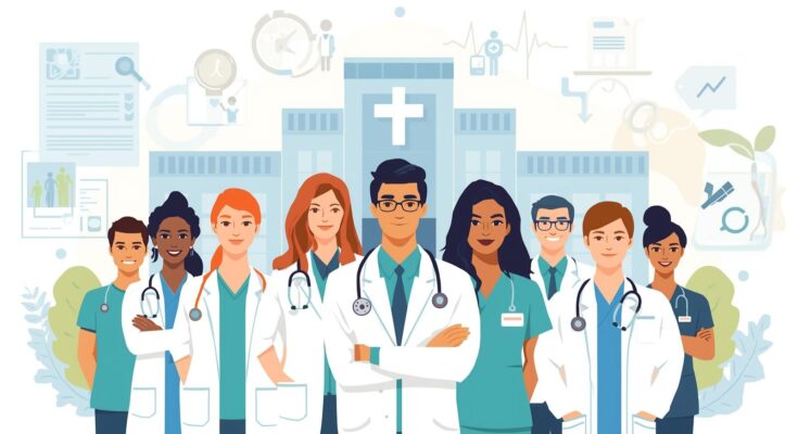 Healthcare professionals including doctors, nurses, pharmacists, and technicians standing together in front of a hospital representing Health & Population Jobs.